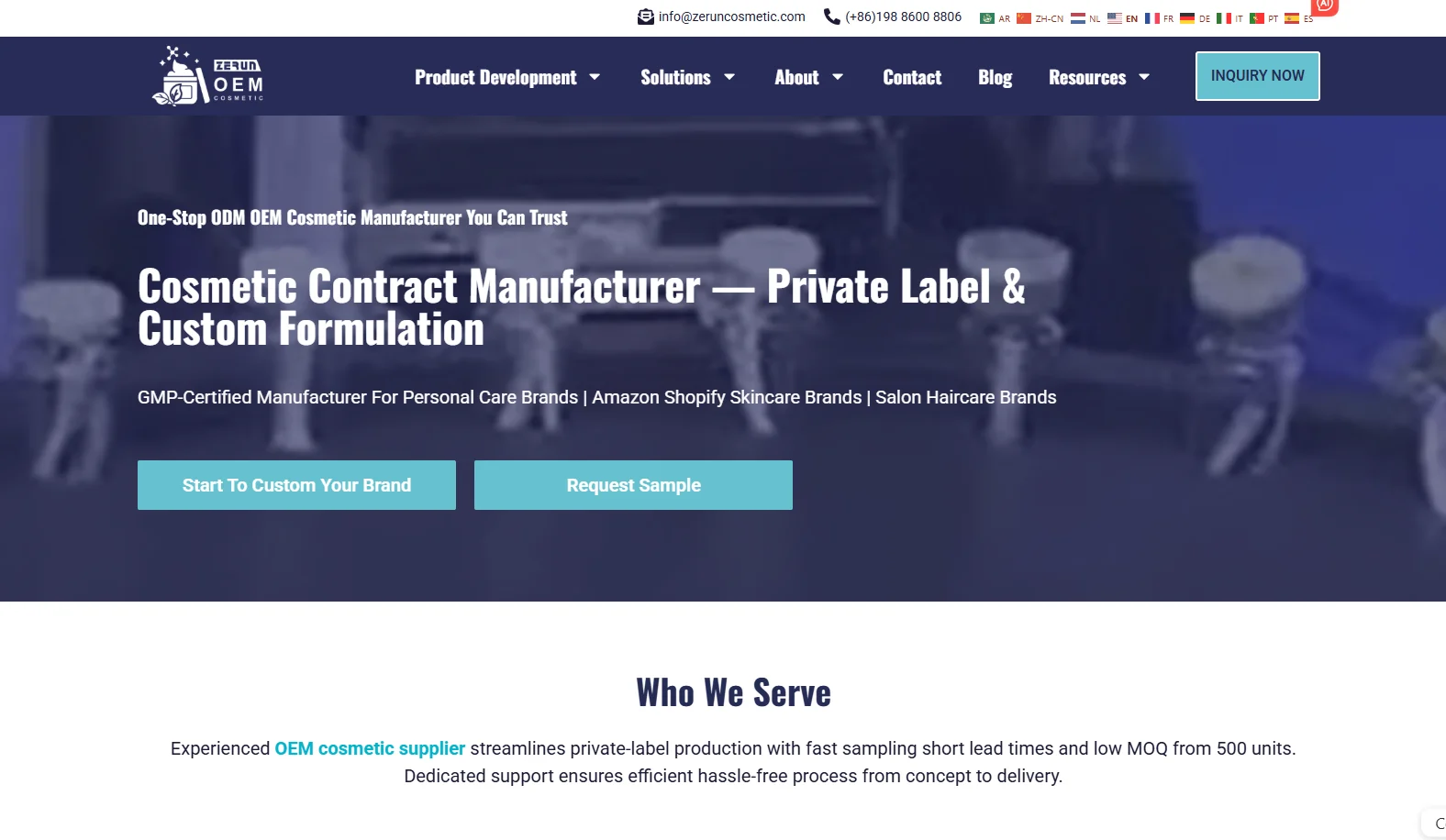 Website landing page for a cosmetic contract manufacturer offering private label and custom formulation services, with buttons to start branding and request samples.